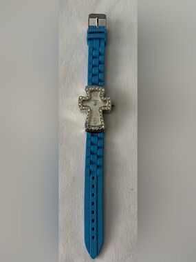 ⌚️$8 Cross Shaped Case Rhinestone Accent Light Blue Silicone Strap Watch